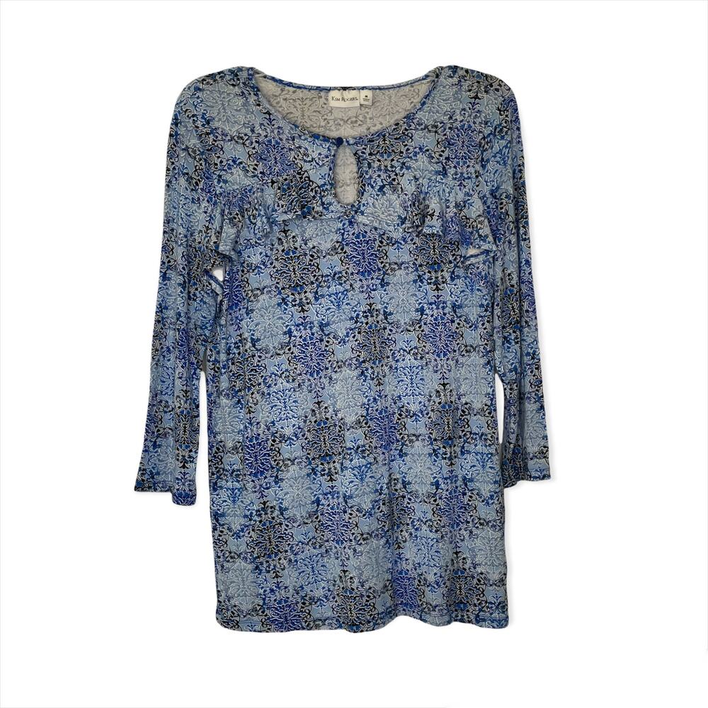 Kim Rogers Top Womens Medium Blue Paisley Stretch 3/4 Sleeve Tunic Blouse Hippie